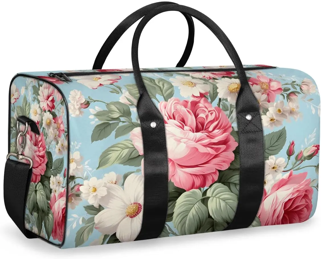 Rose Print Travel Duffel Bag for Women Men Waterproof Foldable Overnight Weekender Bag Large Capacity Sports Gym Bag