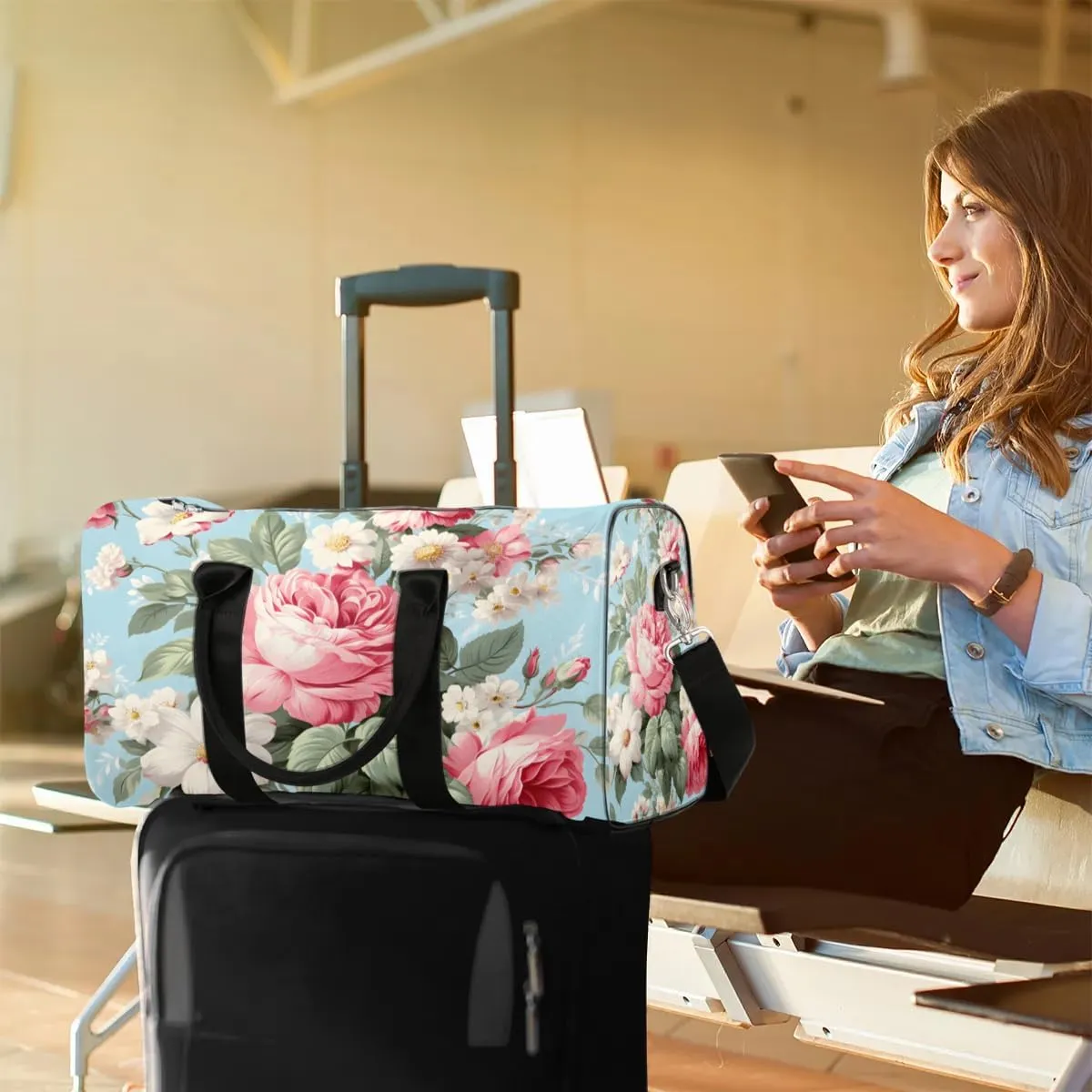 Rose Print Travel Duffel Bag for Women Men Waterproof Foldable Overnight Weekender Bag Large Capacity Sports Gym Bag