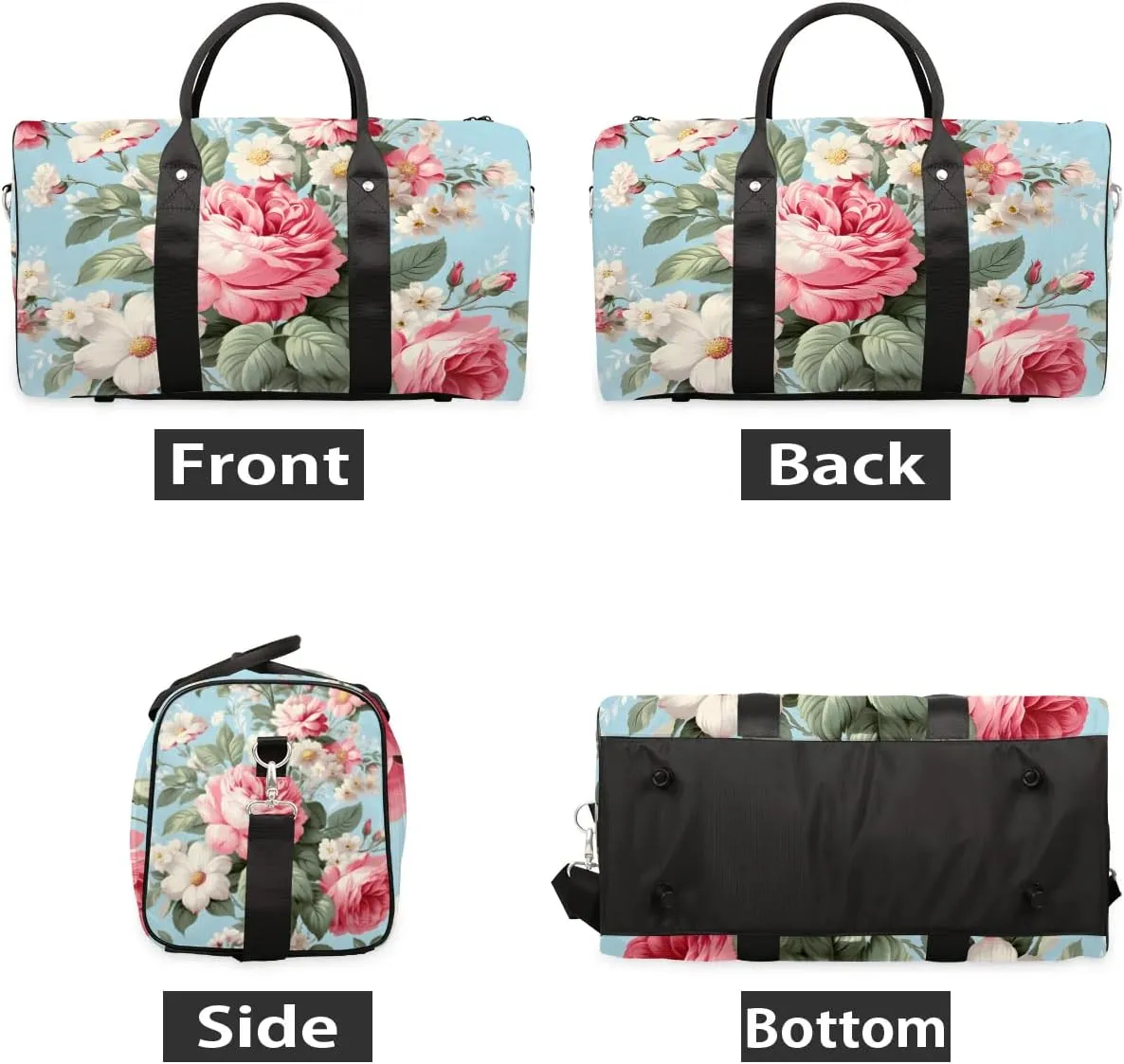 Rose Print Travel Duffel Bag for Women Men Waterproof Foldable Overnight Weekender Bag Large Capacity Sports Gym Bag