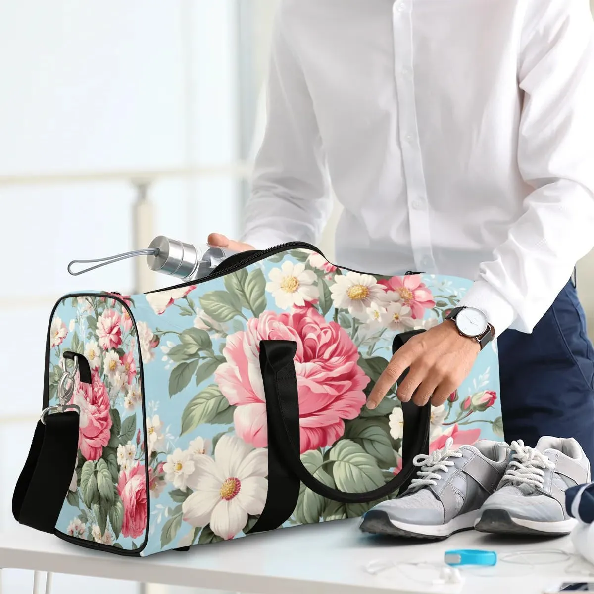 Rose Print Travel Duffel Bag for Women Men Waterproof Foldable Overnight Weekender Bag Large Capacity Sports Gym Bag