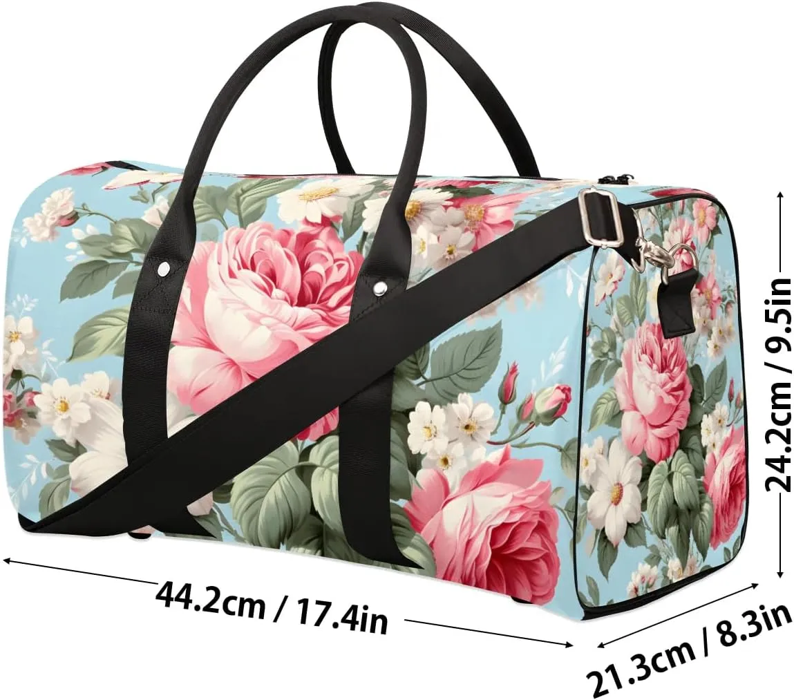 Rose Print Travel Duffel Bag for Women Men Waterproof Foldable Overnight Weekender Bag Large Capacity Sports Gym Bag