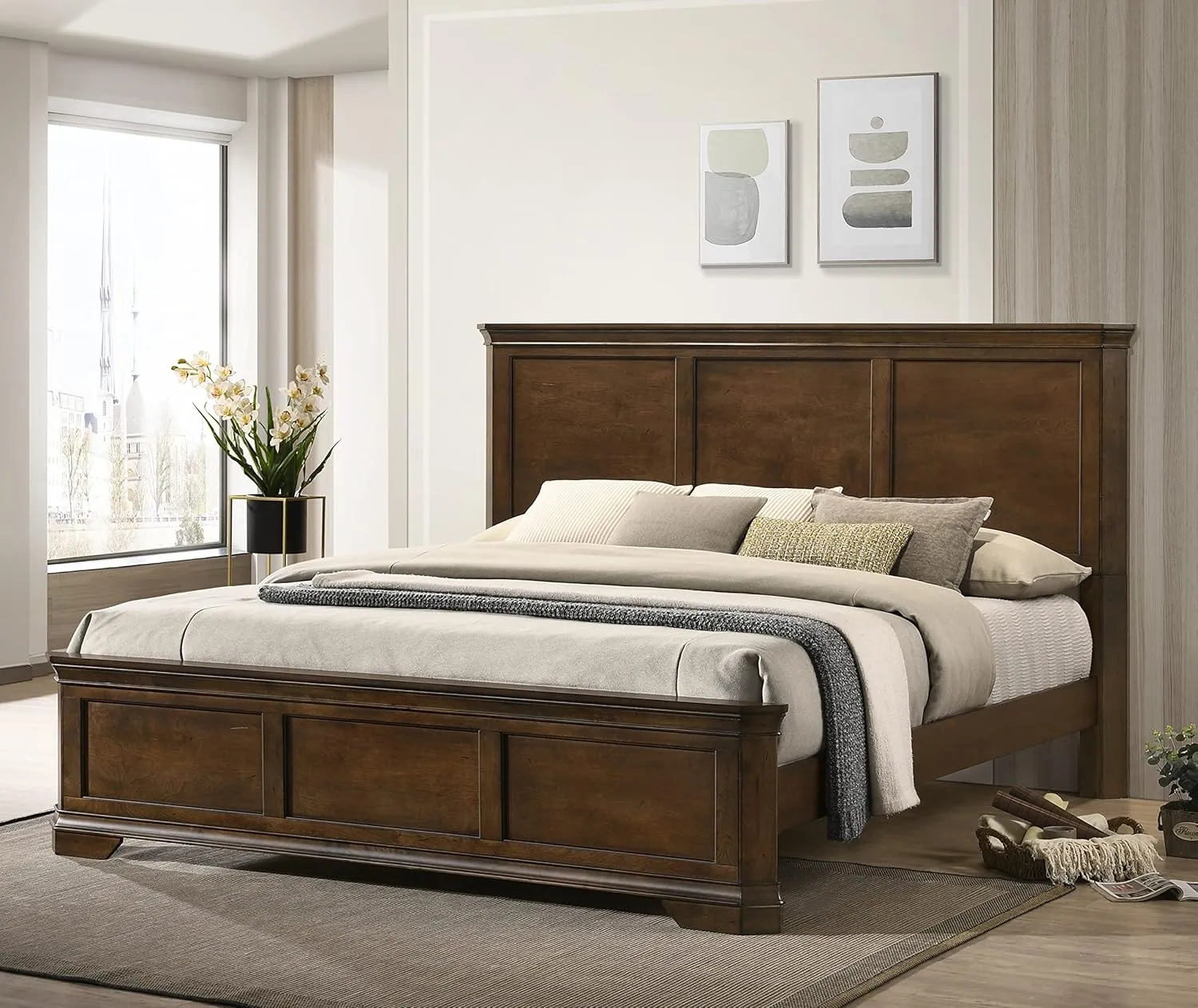 Roundhill Furniture Maderne Traditional Wood Panel Bed, King (U.S. Standard), Antique Walnut