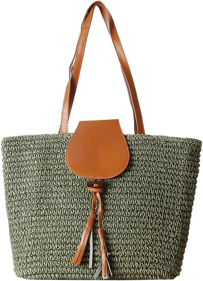 Rungion Summer Straw Shoulder Bags for Women Large Woven Tote Purse Casual Beach Vacation Top Handle Handbags with Tassel