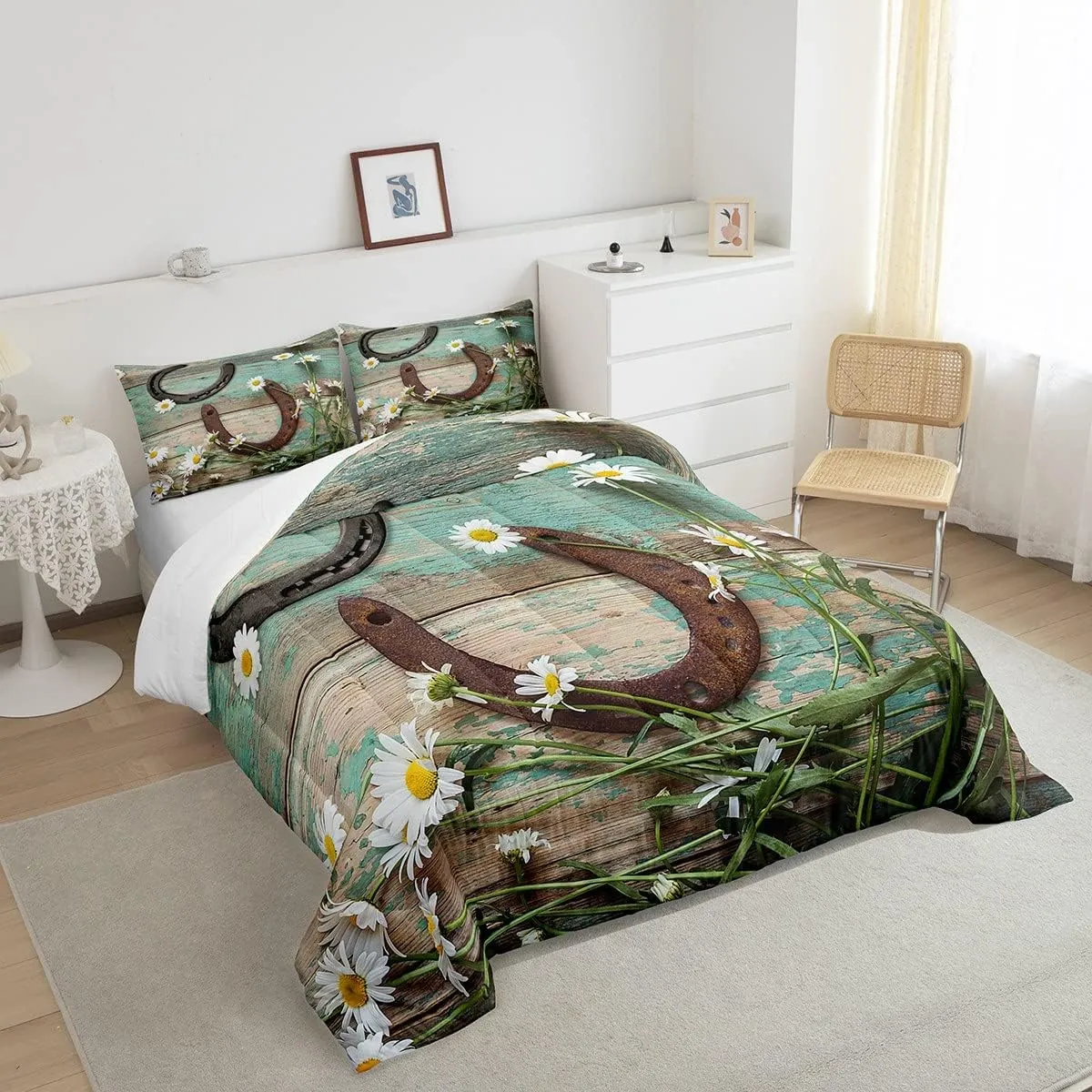 Rustic Farmhouse Bedding Set Full Size Horseshoe Western Cowboys Comforter Set Daisy Flowers Countryside Quilt Set 3pcs for Kids Teens Adults Room Decor Romantic Cyan Duvet Insert,2 Pillowcases