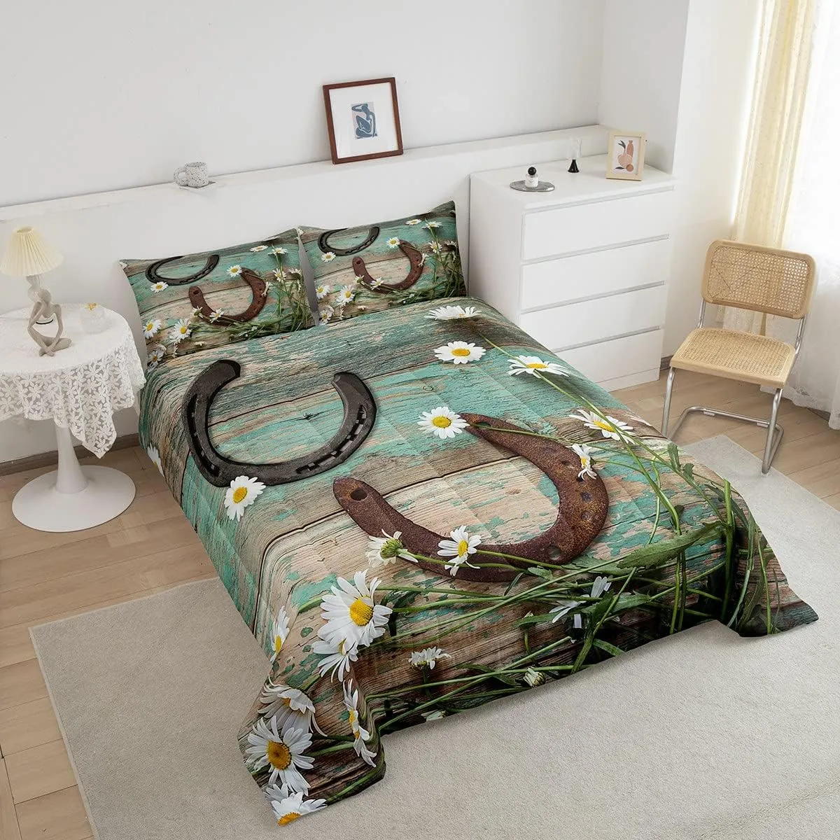 Rustic Farmhouse Bedding Set Full Size Horseshoe Western Cowboys Comforter Set Daisy Flowers Countryside Quilt Set 3pcs for Kids Teens Adults Room Decor Romantic Cyan Duvet Insert,2 Pillowcases