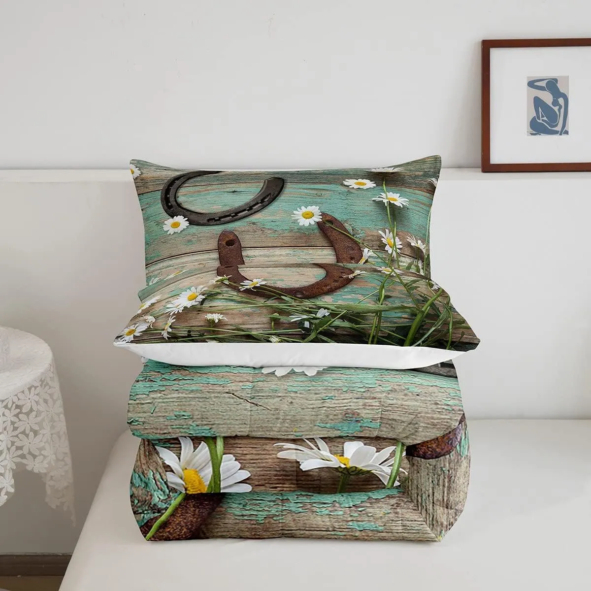 Rustic Farmhouse Bedding Set Full Size Horseshoe Western Cowboys Comforter Set Daisy Flowers Countryside Quilt Set 3pcs for Kids Teens Adults Room Decor Romantic Cyan Duvet Insert,2 Pillowcases
