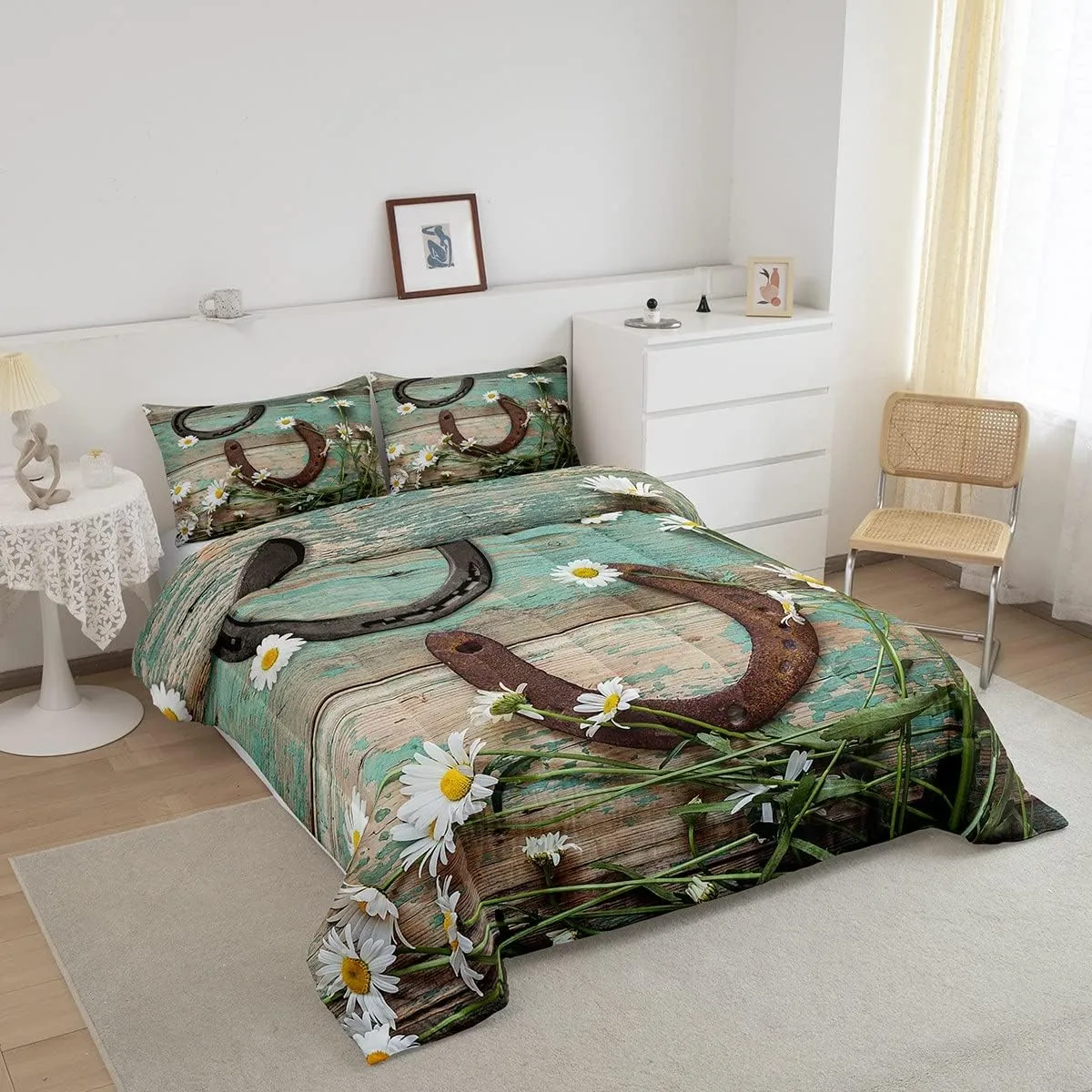 Rustic Farmhouse Bedding Set Full Size Horseshoe Western Cowboys Comforter Set Daisy Flowers Countryside Quilt Set 3pcs for Kids Teens Adults Room Decor Romantic Cyan Duvet Insert,2 Pillowcases