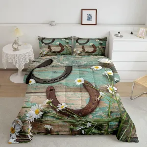 Rustic Farmhouse Bedding Set Full Size Horseshoe Western Cowboys Comforter Set Daisy Flowers Countryside Quilt Set 3pcs for Kids Teens Adults Room Decor Romantic Cyan Duvet Insert,2 Pillowcases