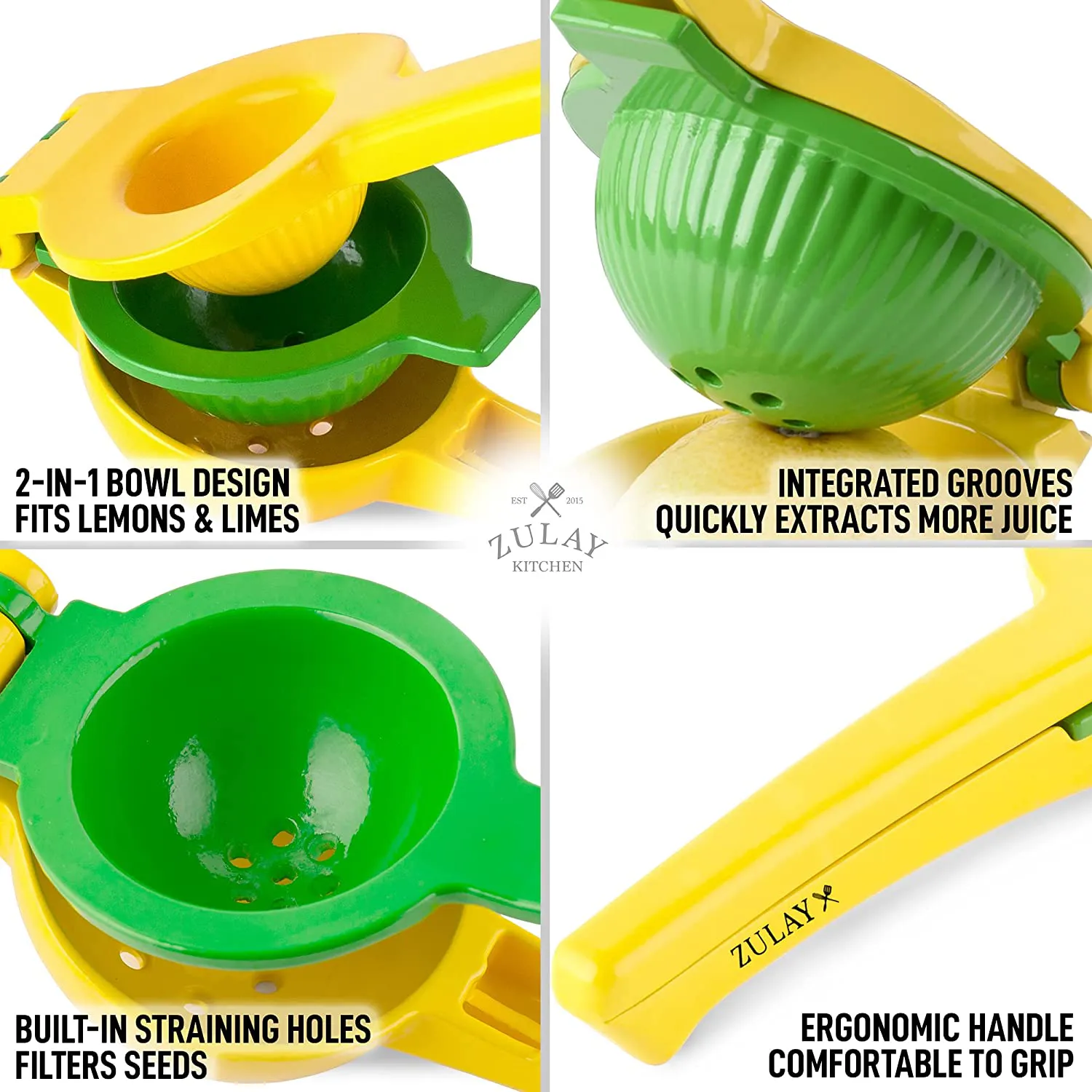 Rynx | Zulay Metal 2-in-1 Lemon Lime Squeezer - Hand Press Lemon Juicer - Maximum Utilization Manual Citrus Juice Press (Light Red and Yellow)