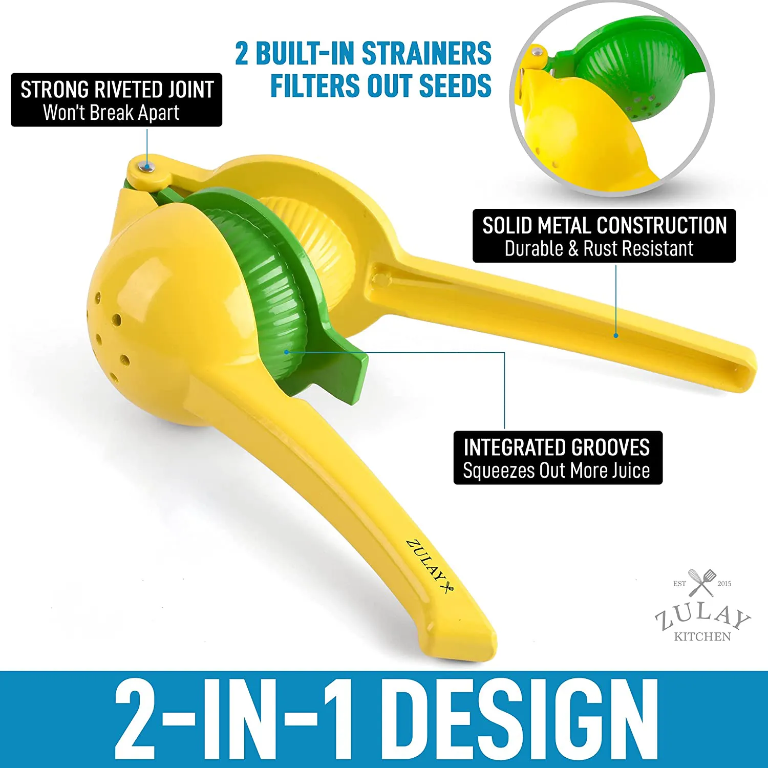 Rynx | Zulay Metal 2-in-1 Lemon Lime Squeezer - Hand Press Lemon Juicer - Maximum Utilization Manual Citrus Juice Press (Light Red and Yellow)