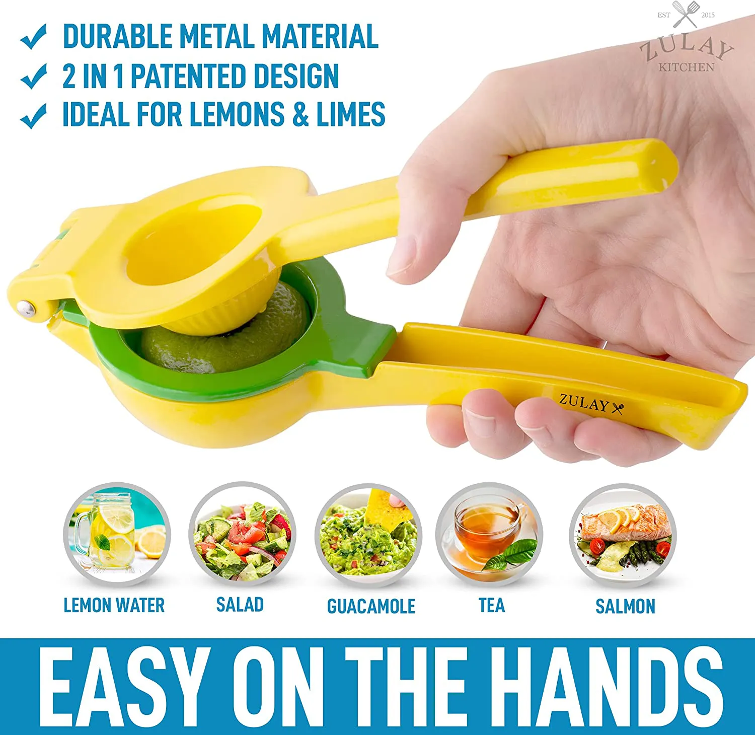 Rynx | Zulay Metal 2-in-1 Lemon Lime Squeezer - Hand Press Lemon Juicer - Maximum Utilization Manual Citrus Juice Press (Light Red and Yellow)