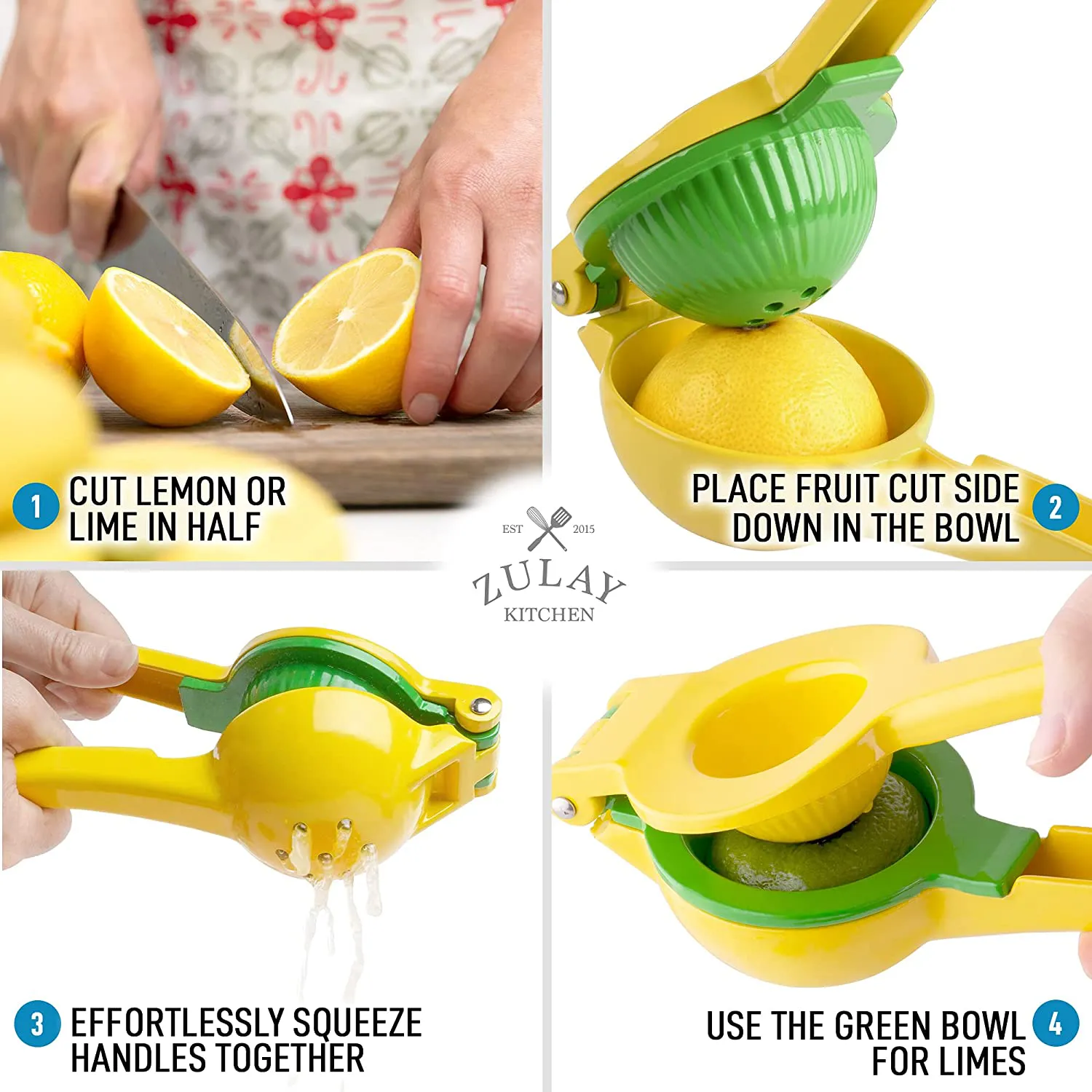Rynx | Zulay Metal 2-in-1 Lemon Lime Squeezer - Hand Press Lemon Juicer - Maximum Utilization Manual Citrus Juice Press (Light Red and Yellow)