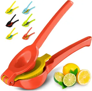 Rynx | Zulay Metal 2-in-1 Lemon Lime Squeezer - Hand Press Lemon Juicer - Maximum Utilization Manual Citrus Juice Press (Light Red and Yellow)
