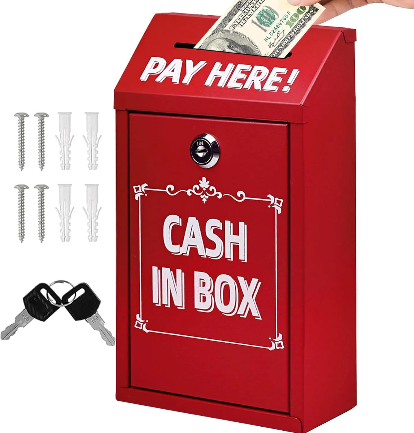 Safe Money Collection Box,Metal Donation Box with Lock,Money Drop Box with Lock and Slot,Red Key Drop Box for Outside,Wall Mounted,Steel Cash Drop Box for Business Home Office Outdoor Self Serve Stand