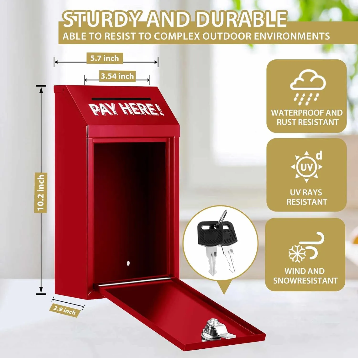 Safe Money Collection Box,Metal Donation Box with Lock,Money Drop Box with Lock and Slot,Red Key Drop Box for Outside,Wall Mounted,Steel Cash Drop Box for Business Home Office Outdoor Self Serve Stand