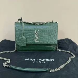 Saint Laurent Sunset Bag Green Crocodile Embossed Leather Crossbody