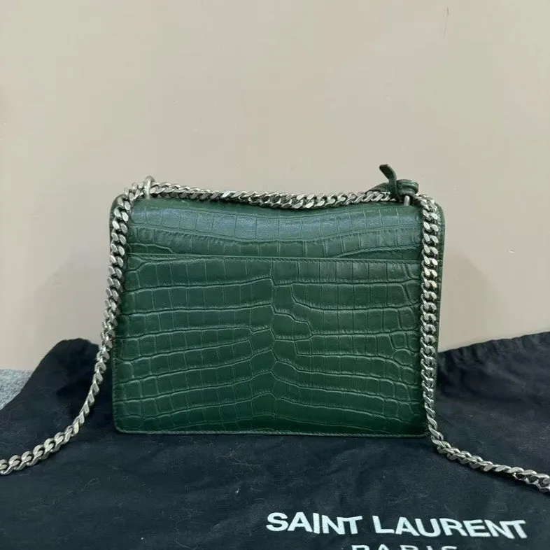 Saint Laurent Sunset Bag Green Crocodile Embossed Leather Crossbody