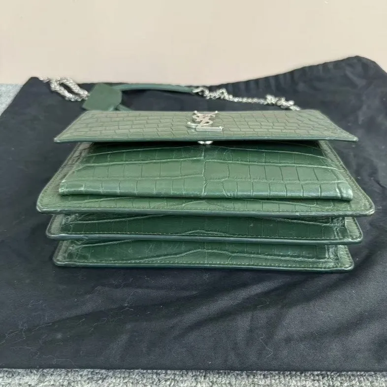 Saint Laurent Sunset Bag Green Crocodile Embossed Leather Crossbody