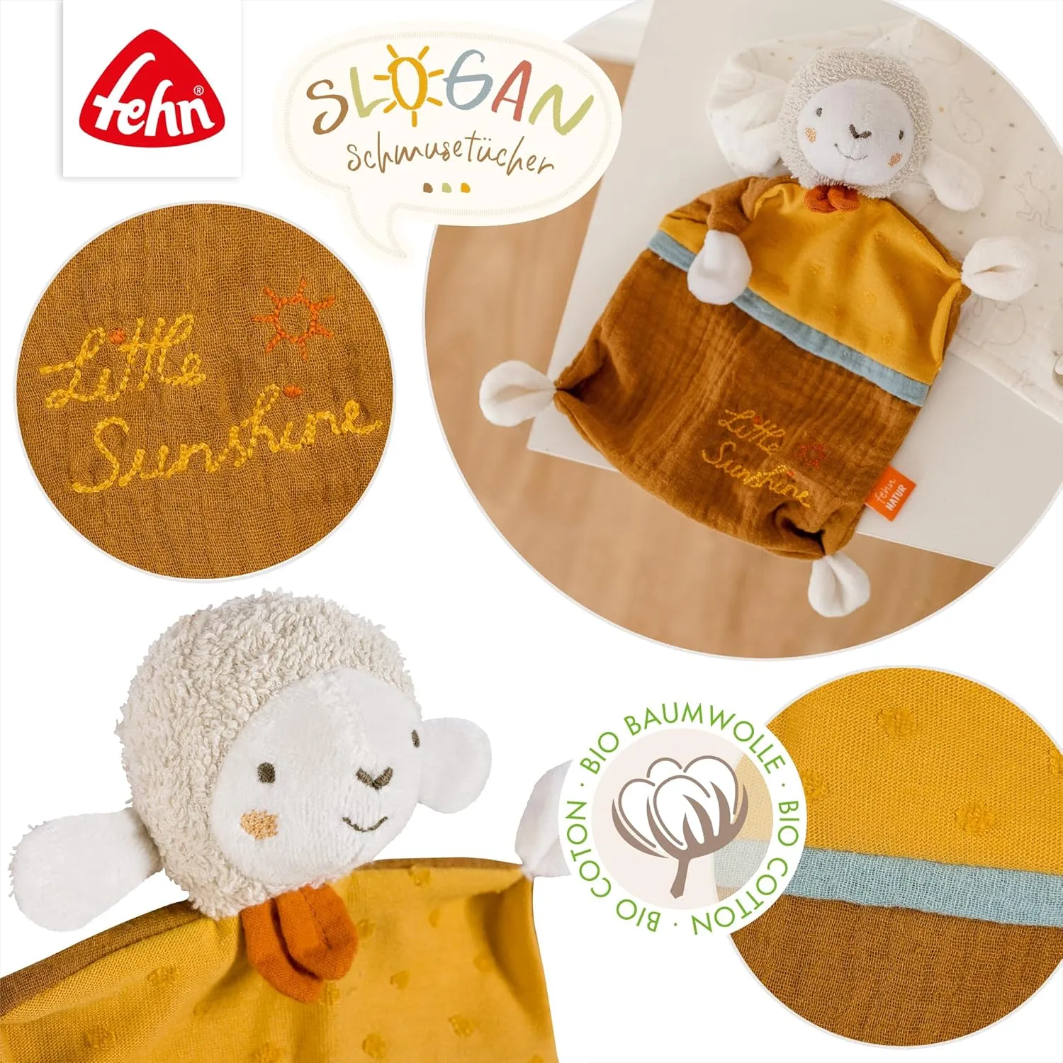 Schmusetuch Schaf "Sunshine" – Spielkamerad & Stofftier-Schnuffeltuch mit Baumwolle aus kontrolliert biologischem Anbau (kbA) mit individuell gesticktem Slogan – für Babys & Kleinkinder ab 0  Monaten