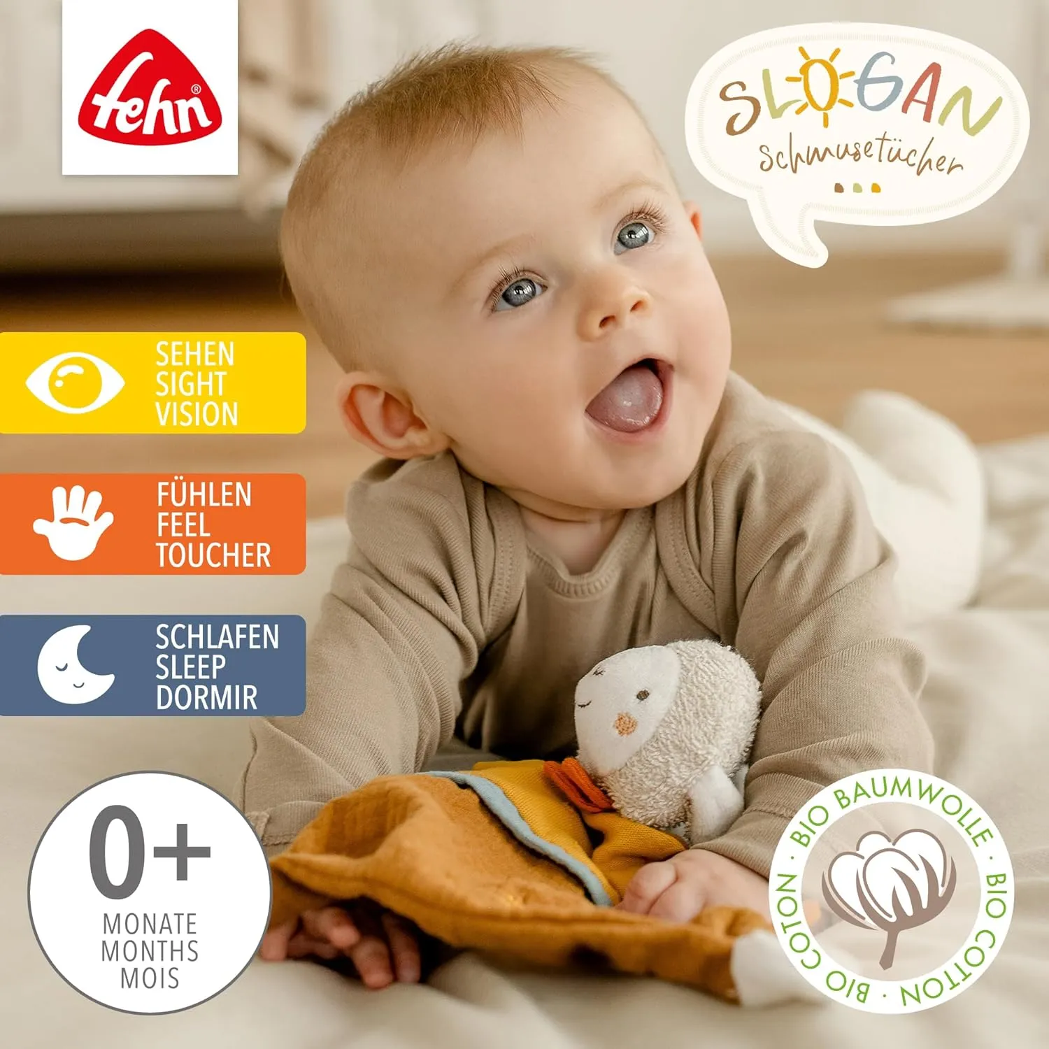 Schmusetuch Schaf "Sunshine" – Spielkamerad & Stofftier-Schnuffeltuch mit Baumwolle aus kontrolliert biologischem Anbau (kbA) mit individuell gesticktem Slogan – für Babys & Kleinkinder ab 0  Monaten