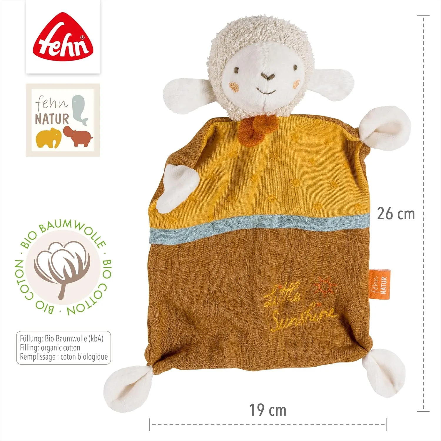 Schmusetuch Schaf "Sunshine" – Spielkamerad & Stofftier-Schnuffeltuch mit Baumwolle aus kontrolliert biologischem Anbau (kbA) mit individuell gesticktem Slogan – für Babys & Kleinkinder ab 0  Monaten