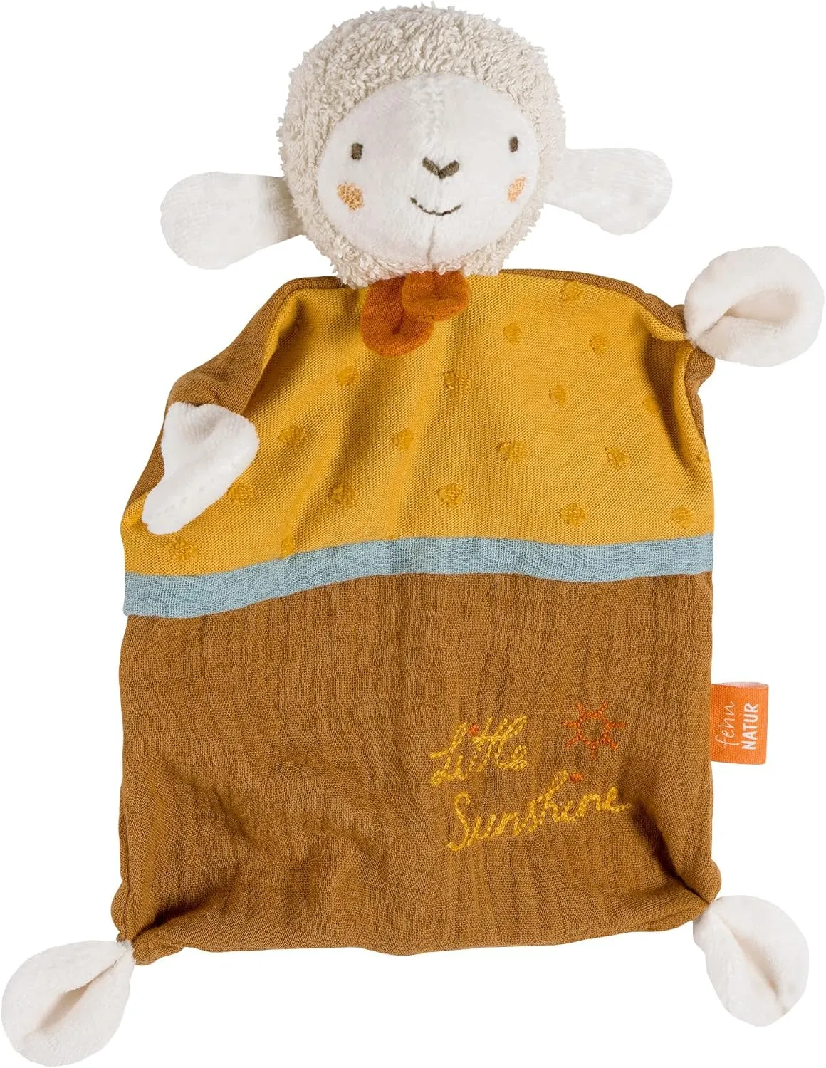 Schmusetuch Schaf "Sunshine" – Spielkamerad & Stofftier-Schnuffeltuch mit Baumwolle aus kontrolliert biologischem Anbau (kbA) mit individuell gesticktem Slogan – für Babys & Kleinkinder ab 0  Monaten