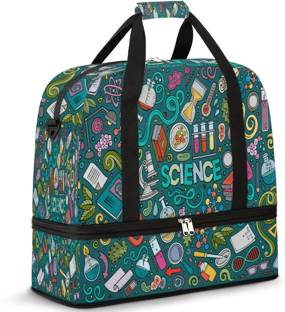Science Chemistry Travel Duffel Bag for Women Men, Educational Theme Sports Gym Bag with Shoes Compartment Foldable Overnight Bag Weekender Tote Workout Carry On Luggage Bag