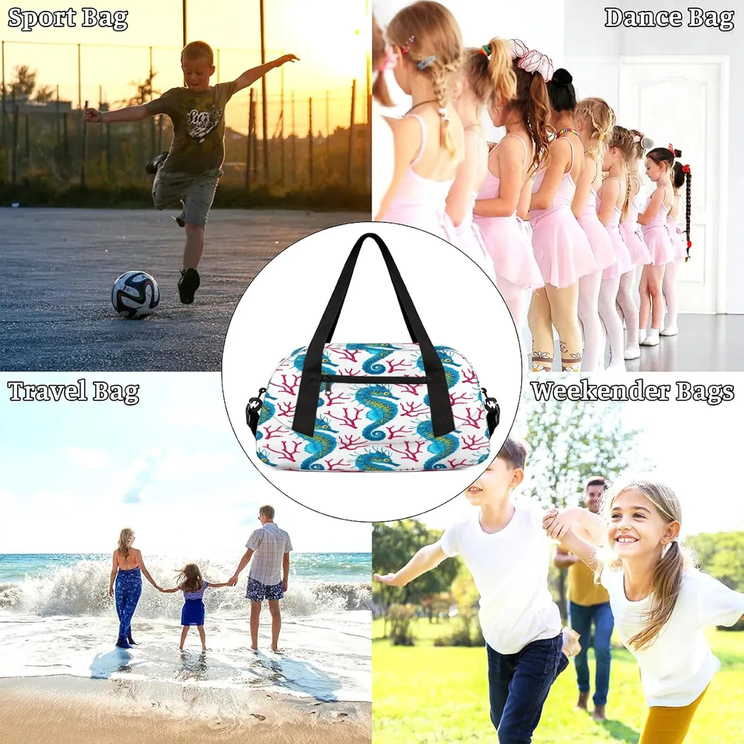 Sea Horse Pattern Kids Duffel Bag Lightweight Waterproof Sports Gym Bag with Front Zipper Pocket Foldable Weekender Overnight Bag for School Practice Gymnastic Ballet