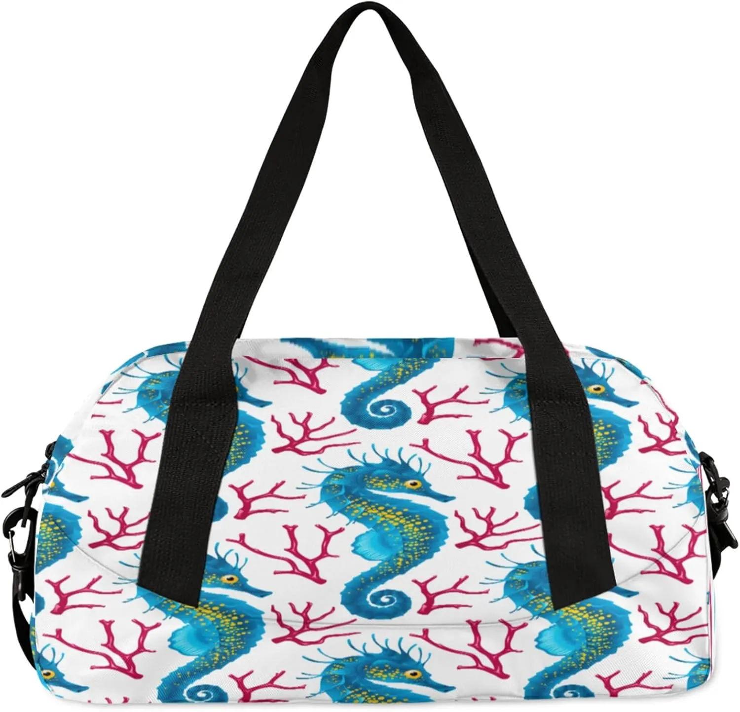 Sea Horse Pattern Kids Duffel Bag Lightweight Waterproof Sports Gym Bag with Front Zipper Pocket Foldable Weekender Overnight Bag for School Practice Gymnastic Ballet