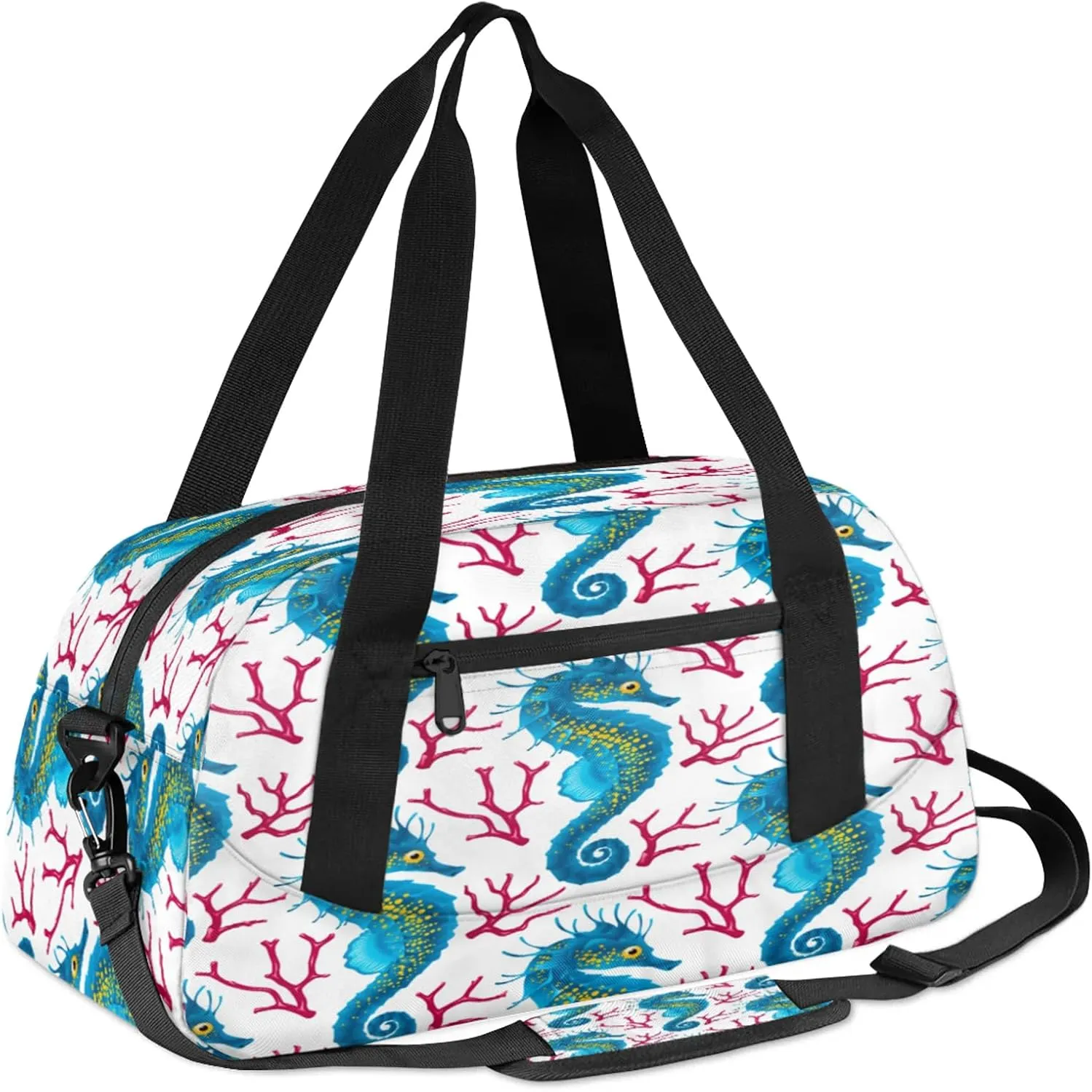 Sea Horse Pattern Kids Duffel Bag Lightweight Waterproof Sports Gym Bag with Front Zipper Pocket Foldable Weekender Overnight Bag for School Practice Gymnastic Ballet