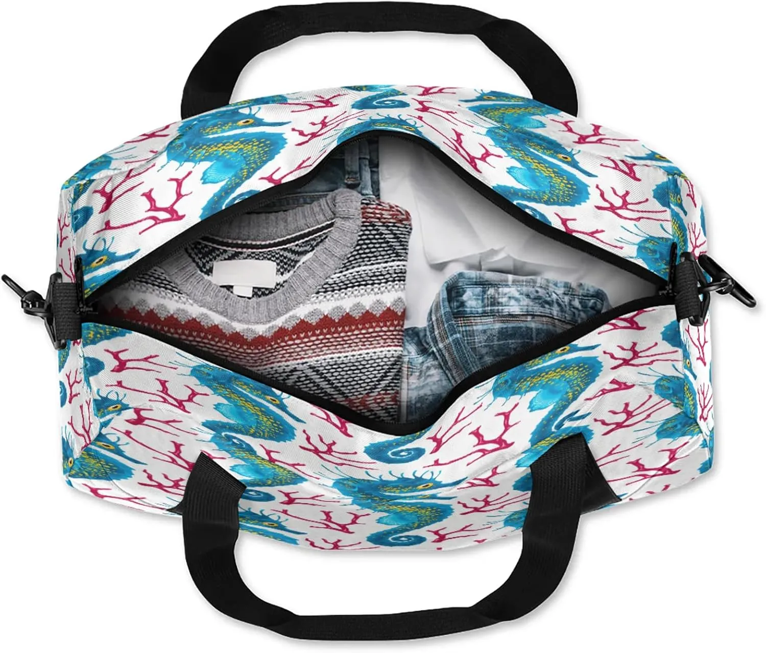 Sea Horse Pattern Kids Duffel Bag Lightweight Waterproof Sports Gym Bag with Front Zipper Pocket Foldable Weekender Overnight Bag for School Practice Gymnastic Ballet