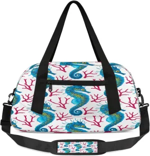 Sea Horse Pattern Kids Duffel Bag Lightweight Waterproof Sports Gym Bag with Front Zipper Pocket Foldable Weekender Overnight Bag for School Practice Gymnastic Ballet