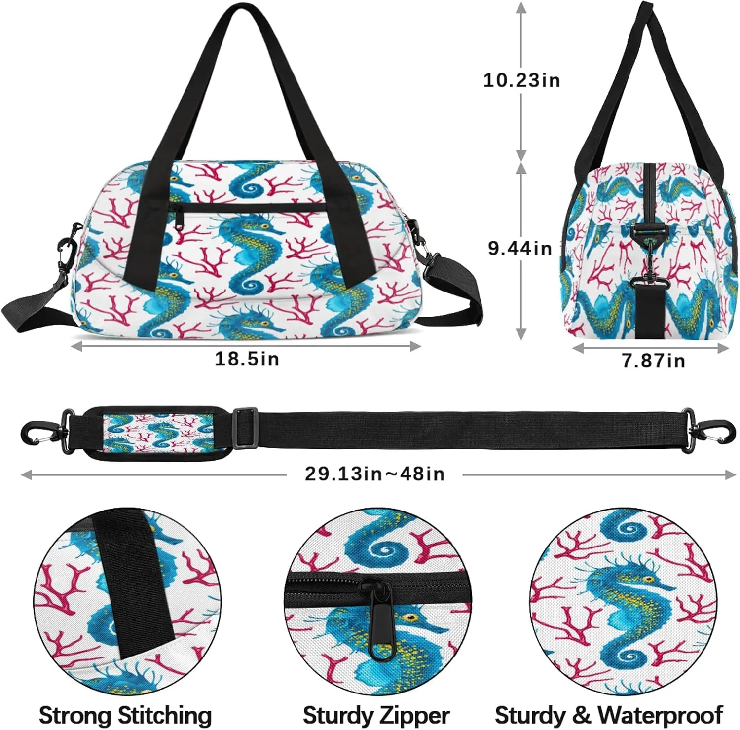 Sea Horse Pattern Kids Duffel Bag Lightweight Waterproof Sports Gym Bag with Front Zipper Pocket Foldable Weekender Overnight Bag for School Practice Gymnastic Ballet