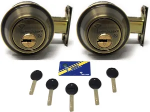 Set of 2 High Security Mul-T Lock Cronus Junior Deadbolts with 5 Keys (Both keyed Alike) (Antique Brass)
