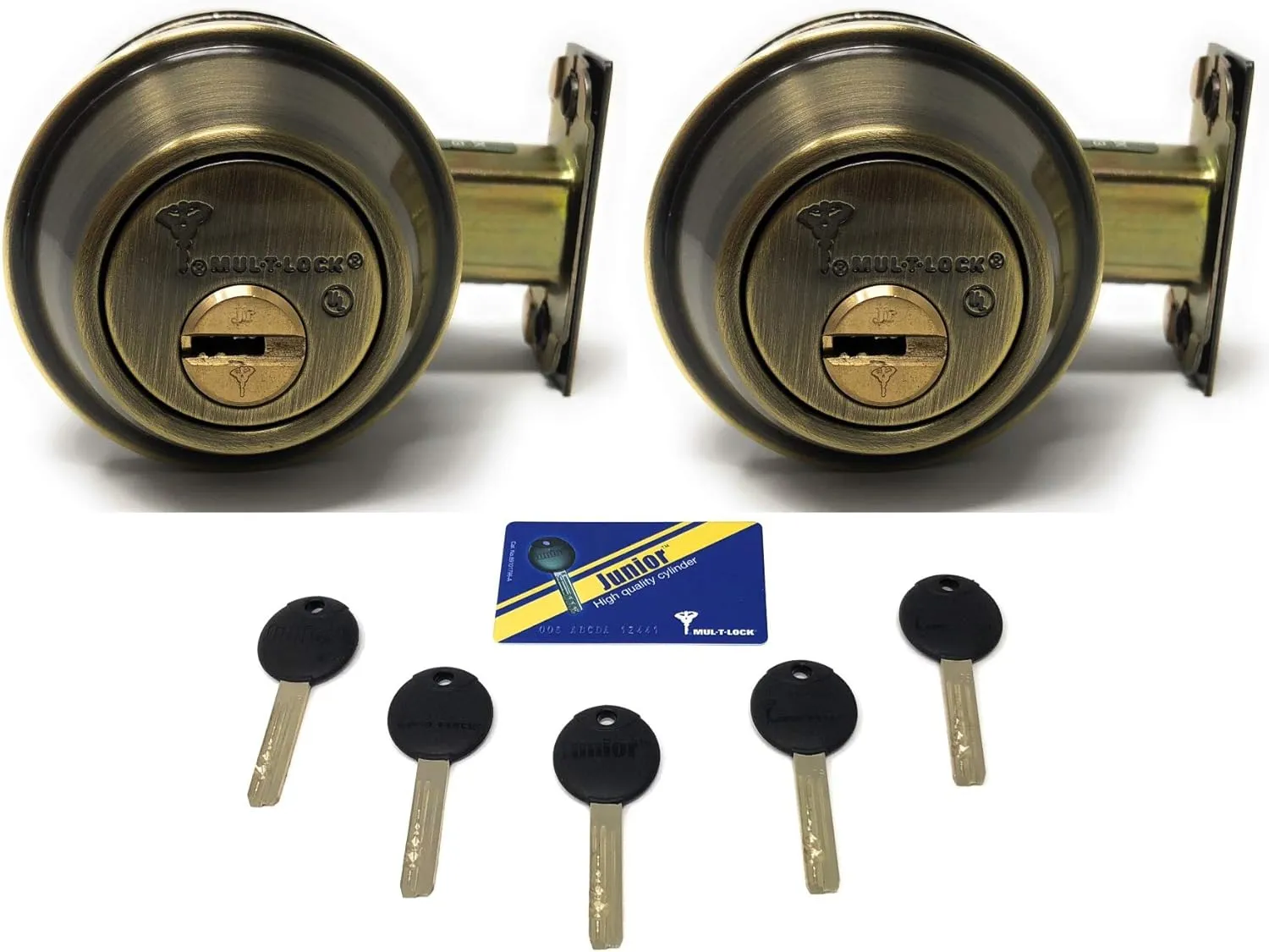 Set of 2 High Security Mul-T Lock Cronus Junior Deadbolts with 5 Keys (Both keyed Alike) (Antique Brass)