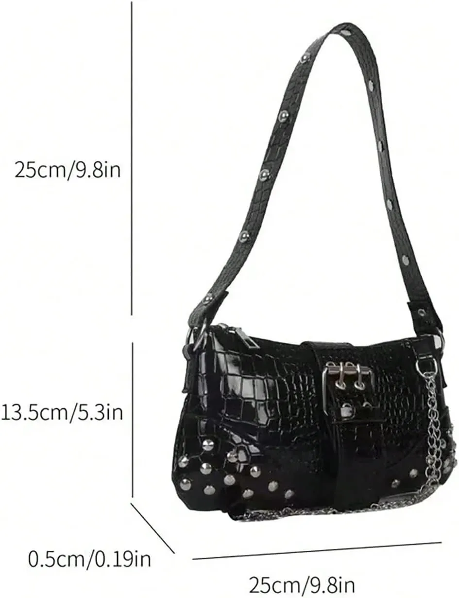 SHENHE Women's Punk Crocodile Purse Rivet Studded Satchel Handbag PU Leather Small Shoulder Bag