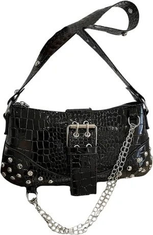 SHENHE Women's Punk Crocodile Purse Rivet Studded Satchel Handbag PU Leather Small Shoulder Bag
