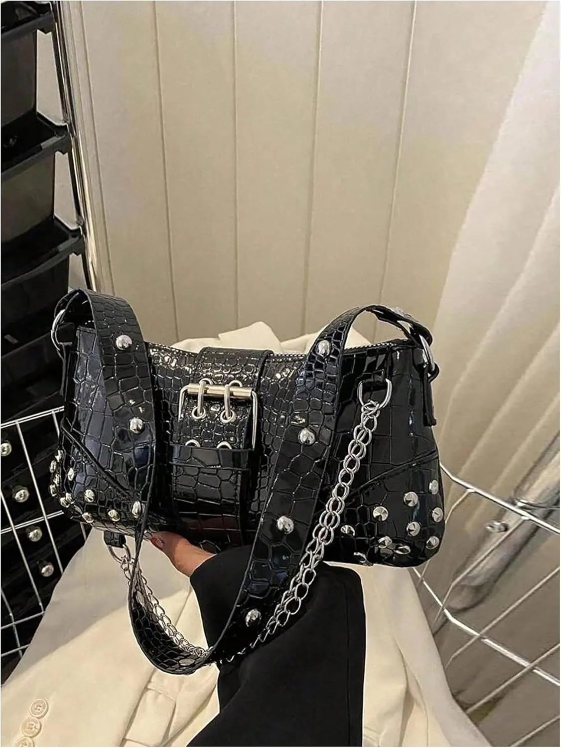 SHENHE Women's Punk Crocodile Purse Rivet Studded Satchel Handbag PU Leather Small Shoulder Bag