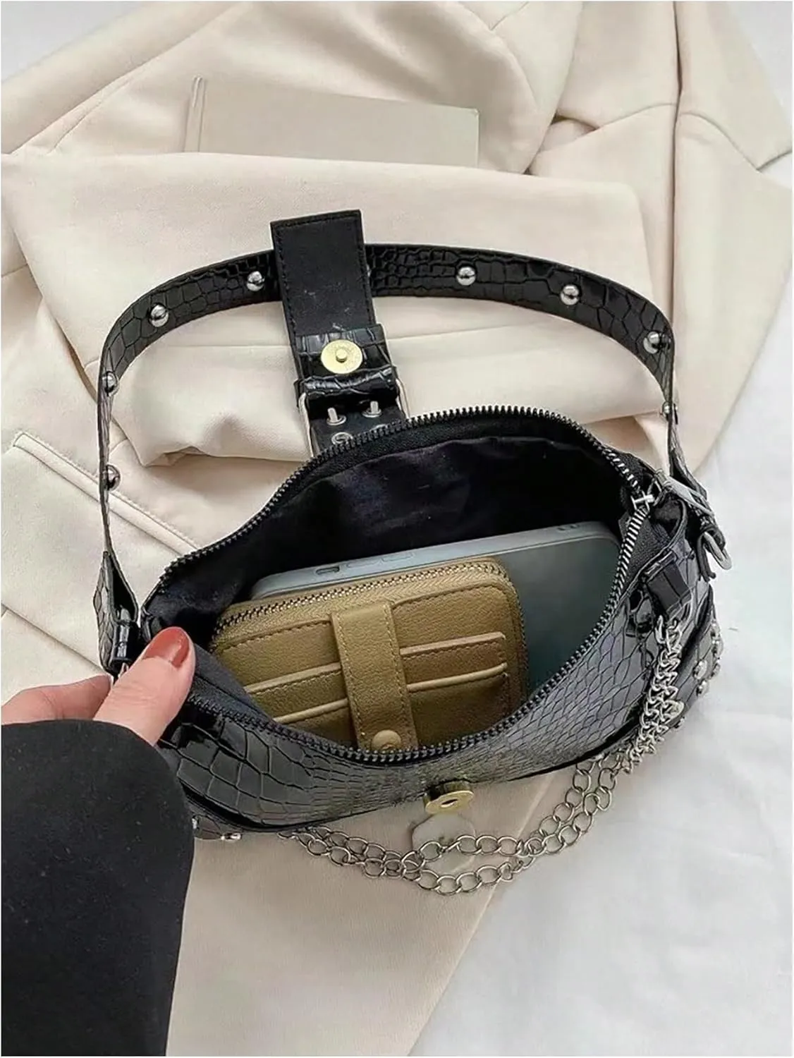 SHENHE Women's Punk Crocodile Purse Rivet Studded Satchel Handbag PU Leather Small Shoulder Bag