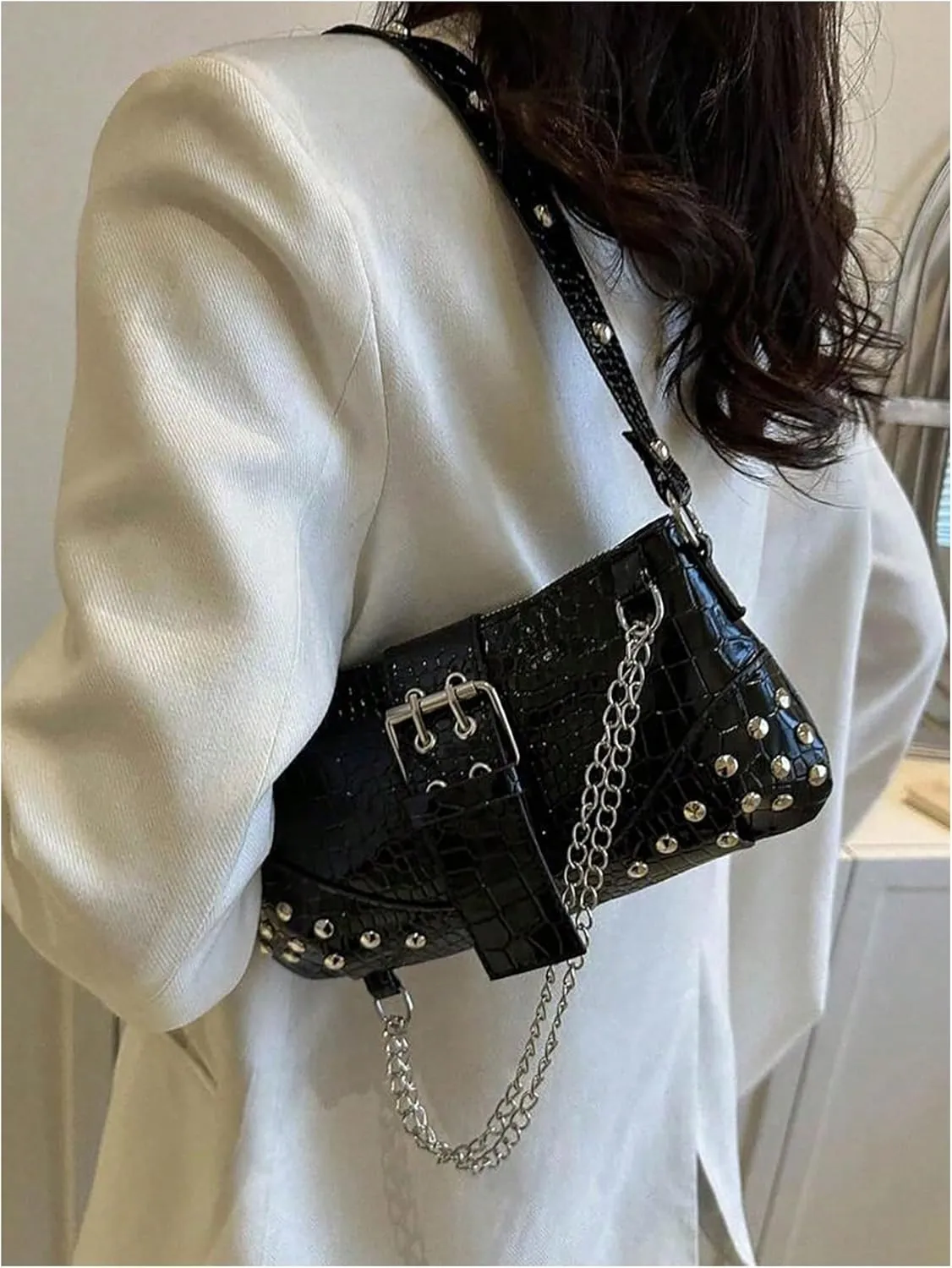 SHENHE Women's Punk Crocodile Purse Rivet Studded Satchel Handbag PU Leather Small Shoulder Bag