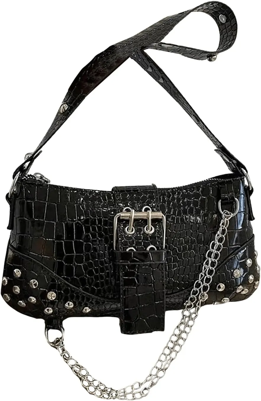 SHENHE Women's Punk Crocodile Purse Rivet Studded Satchel Handbag PU Leather Small Shoulder Bag