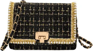 Shoulder Bag Chain Purse for Women, Retro Tweed Pearl Clutch Crossbody Bag Underarm Evening Bag Square Handbag Satchel