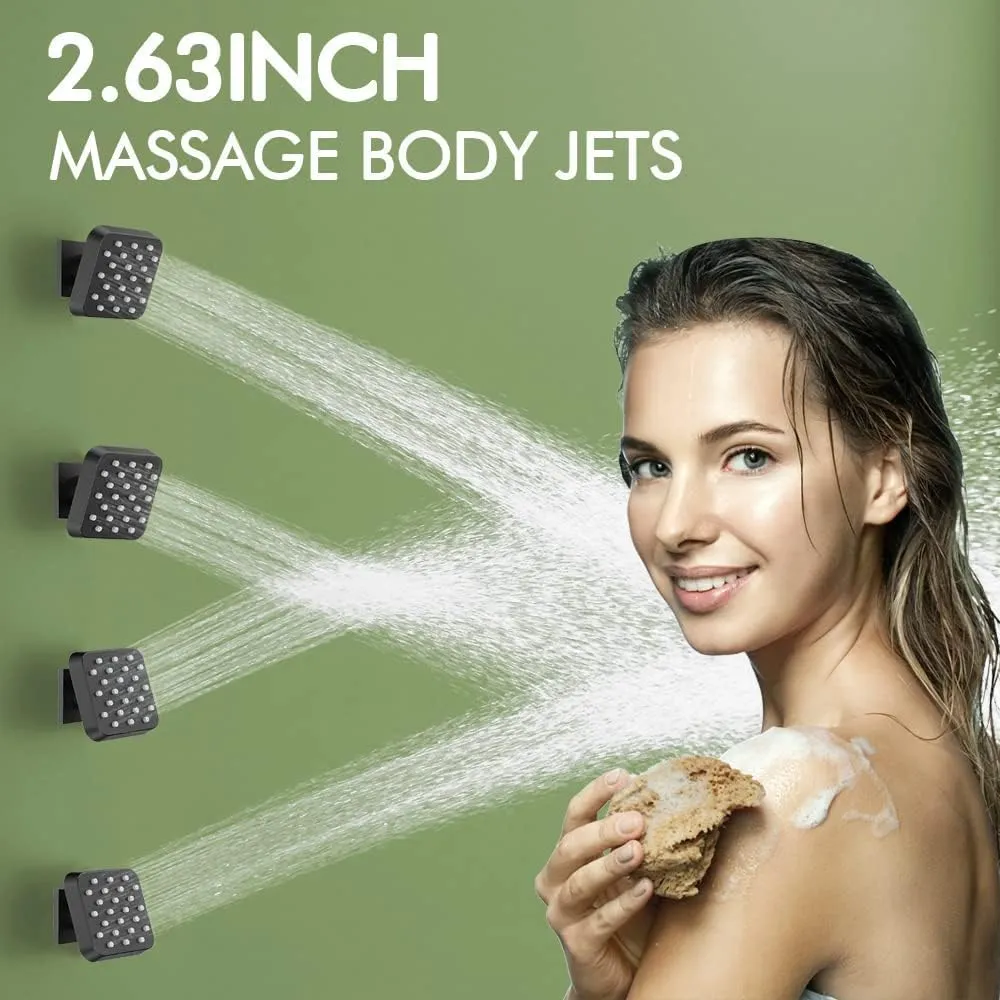 Shower Faucet Set Matte Black Shower System, Bostingner 12" Rain Shower Head with Handheld Spray and 4 Body Jets,Can Run Together,3 Way Shower Set with Thermostatic Volume Adjustable Valve
