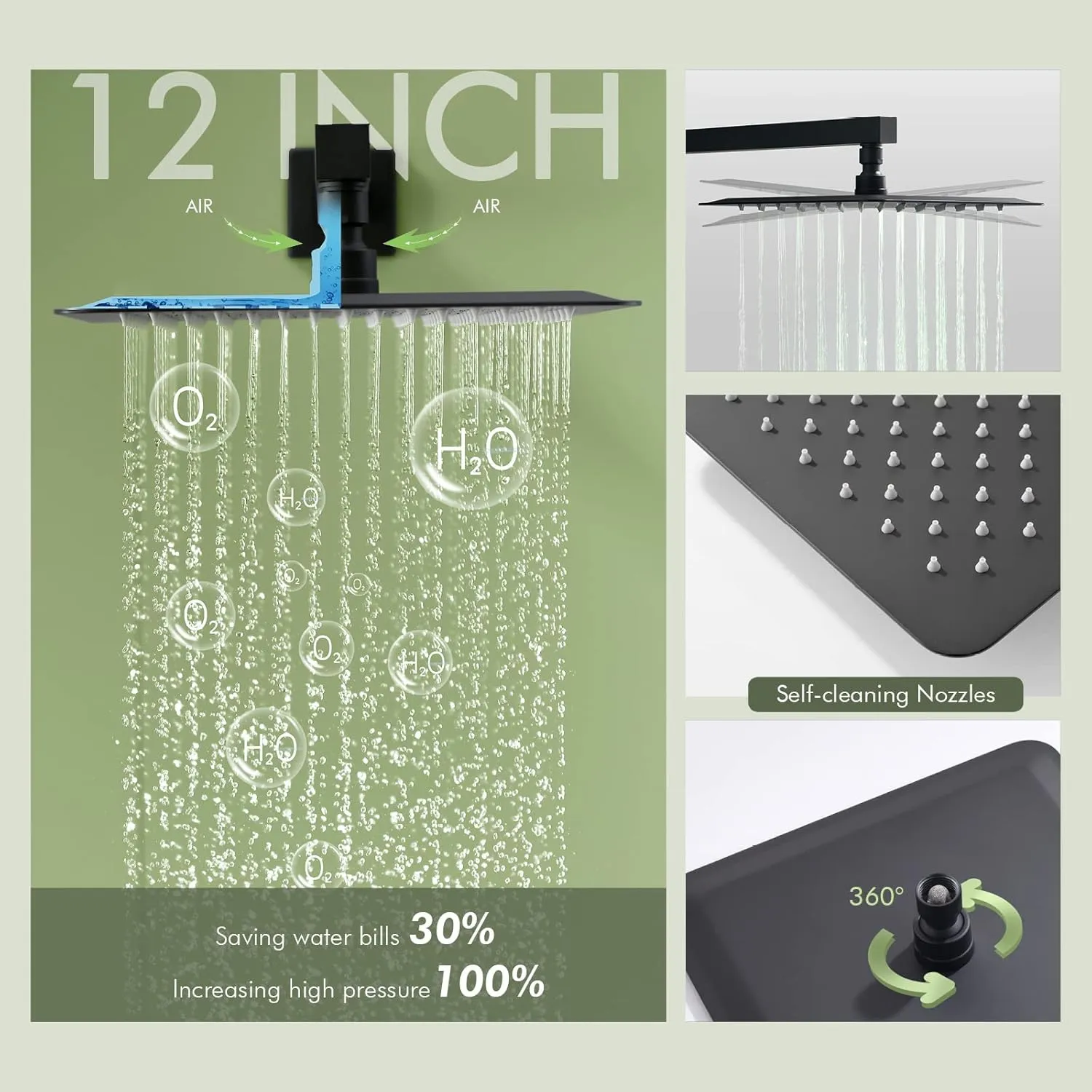Shower Faucet Set Matte Black Shower System, Bostingner 12" Rain Shower Head with Handheld Spray and 4 Body Jets,Can Run Together,3 Way Shower Set with Thermostatic Volume Adjustable Valve