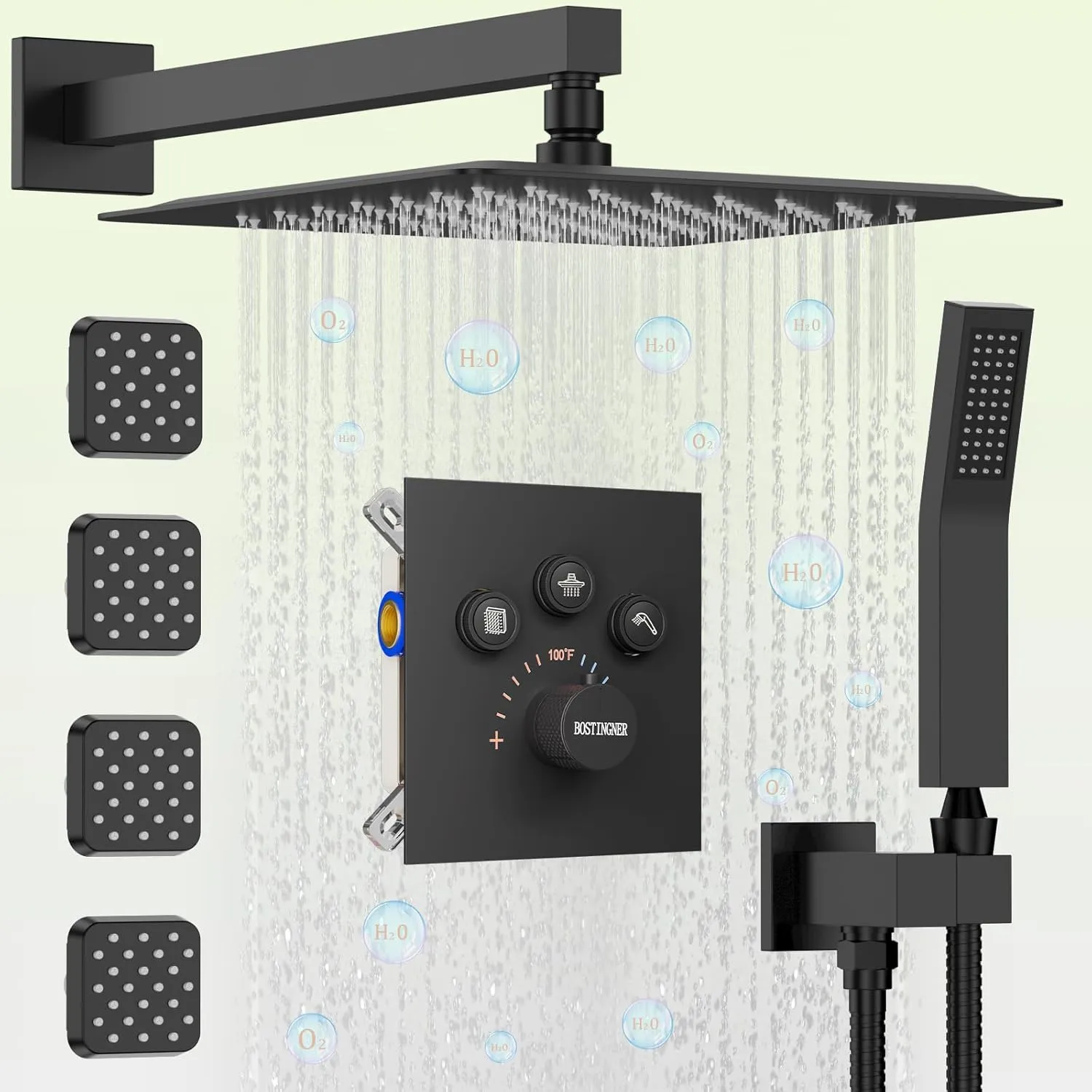 Shower Faucet Set Matte Black Shower System, Bostingner 12" Rain Shower Head with Handheld Spray and 4 Body Jets,Can Run Together,3 Way Shower Set with Thermostatic Volume Adjustable Valve