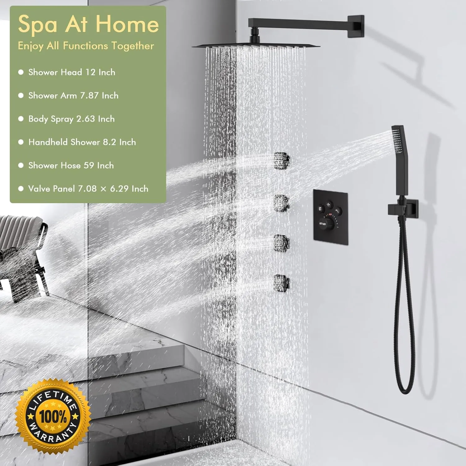 Shower Faucet Set Matte Black Shower System, Bostingner 12" Rain Shower Head with Handheld Spray and 4 Body Jets,Can Run Together,3 Way Shower Set with Thermostatic Volume Adjustable Valve
