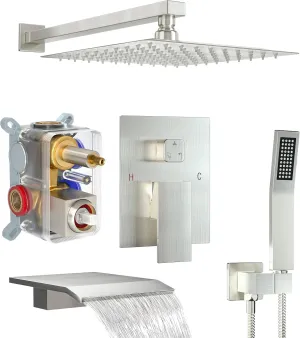 Shower System with Tub Spout, Wall Mounted Shower Faucet Set for Bathroom with 10 Inch Rain Shower Head and Handheld Shower Head Set, Brushed Nickel