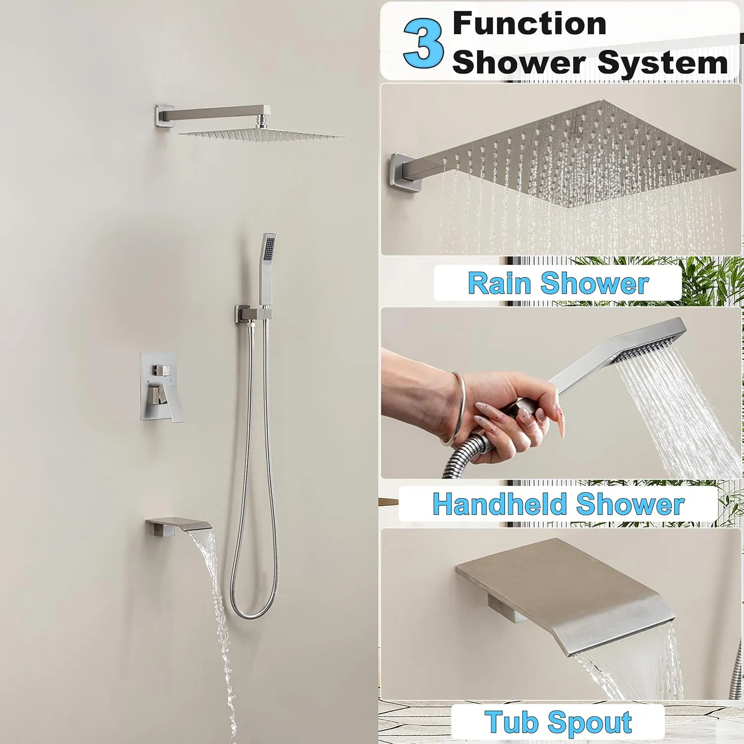 Shower System with Tub Spout, Wall Mounted Shower Faucet Set for Bathroom with 10 Inch Rain Shower Head and Handheld Shower Head Set, Brushed Nickel