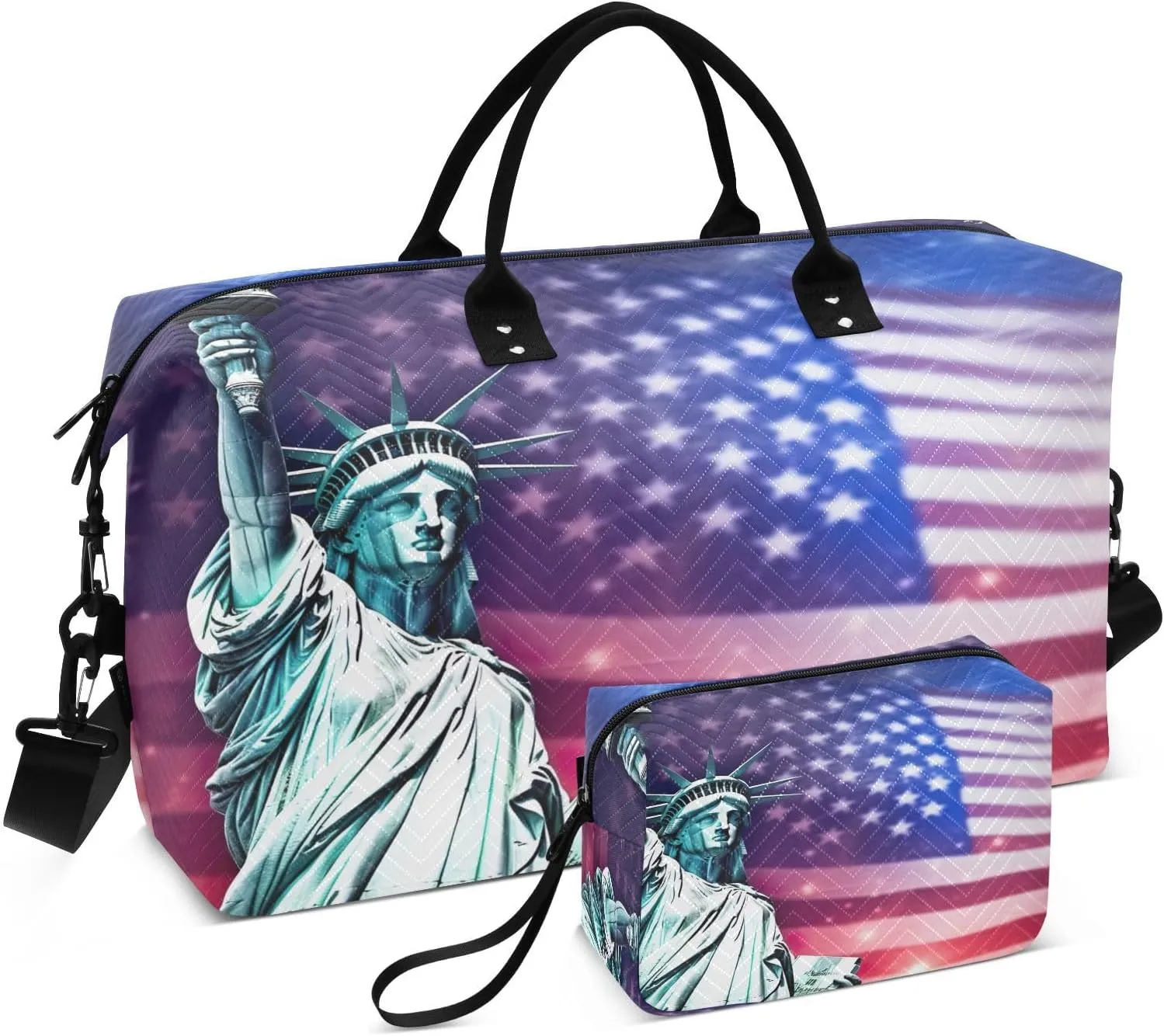 Sinestour American Flag Liberty Statue Travel Duffel Bag for Men Women with Makeup Bag Weekend Overnight Carry On Bags for Travel Gym Yoga
