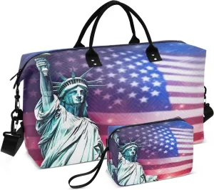 Sinestour American Flag Liberty Statue Travel Duffel Bag for Men Women with Makeup Bag Weekend Overnight Carry On Bags for Travel Gym Yoga